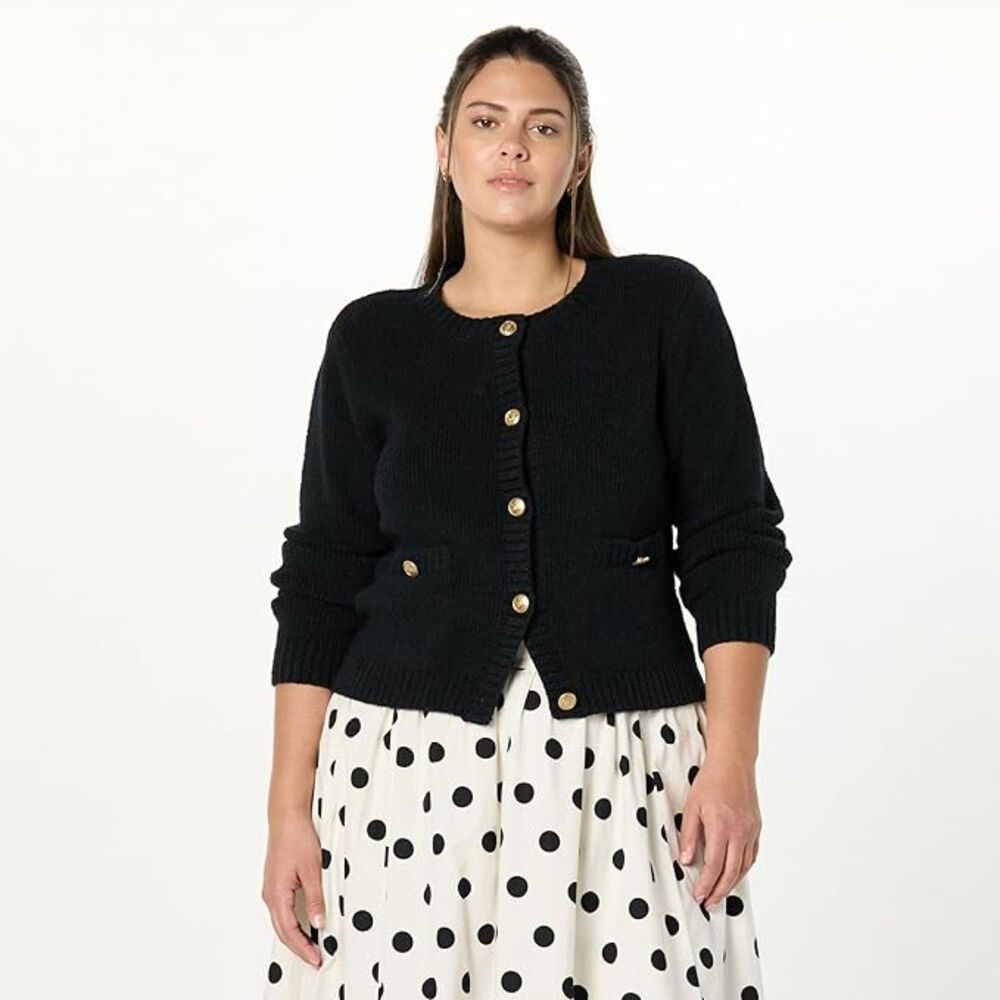 THE DROP Plus Size Janice Gold Button Fitted Black Sweater Cardigan, NWT 2X